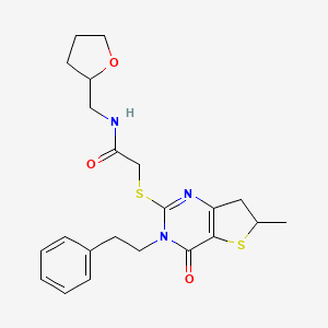 molecular formula C22H27N3O3S2 B2556623 2-((6-methyl-4-oxo-3-phenethyl-3,4,6,7-tetrahydrothieno[3,2-d]pyrimidin-2-yl)thio)-N-((tetrahydrofuran-2-yl)methyl)acetamide CAS No. 862825-17-0