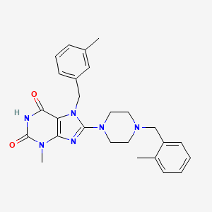 molecular formula C26H30N6O2 B2556627 3-甲基-7-[(3-甲基苯基)甲基]-8-{4-[(2-甲基苯基)甲基]哌嗪基}-1,3,7-三氢嘌呤-2,6-二酮 CAS No. 898463-50-8