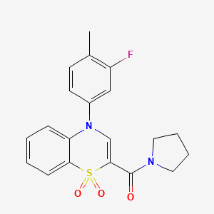 molecular formula C20H19FN2O3S B2556644 (4-(3-fluoro-4-methylphenyl)-1,1-dioxido-4H-benzo[b][1,4]thiazin-2-yl)(pyrrolidin-1-yl)methanone CAS No. 1251672-74-8