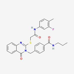 molecular formula C28H27FN4O3S B2556651 4-((2-((2-((3-fluoro-4-methylphenyl)amino)-2-oxoethyl)thio)-4-oxoquinazolin-3(4H)-yl)methyl)-N-propylbenzamide CAS No. 1115323-71-1