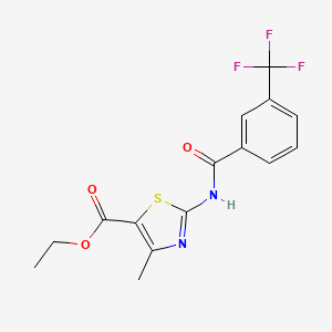 molecular formula C15H13F3N2O3S B2556696 Ethyl 5-methyl-3-((3-(trifluoromethyl)phenyl)carbonylamino)-2,4-thiazolecarboxylate CAS No. 476279-12-6