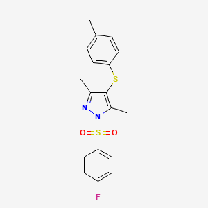 molecular formula C18H17FN2O2S2 B2556709 1-((4-fluorophenyl)sulfonyl)-3,5-dimethyl-4-(p-tolylthio)-1H-pyrazole CAS No. 433687-82-2