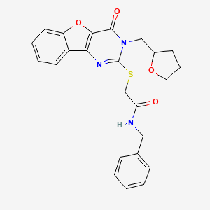 molecular formula C24H23N3O4S B2556732 N-benzyl-2-{[4-oxo-3-(tetrahydrofuran-2-ylmethyl)-3,4-dihydro[1]benzofuro[3,2-d]pyrimidin-2-yl]sulfanyl}acetamide CAS No. 899755-09-0