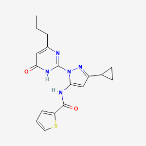 molecular formula C18H19N5O2S B2556737 N-(3-cyclopropyl-1-(6-oxo-4-propyl-1,6-dihydropyrimidin-2-yl)-1H-pyrazol-5-yl)thiophene-2-carboxamide CAS No. 1207006-89-0