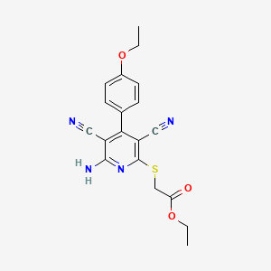 molecular formula C19H18N4O3S B2556774 Ethyl {[6-amino-3,5-dicyano-4-(4-ethoxyphenyl)pyridin-2-yl]thio}acetate CAS No. 361477-85-2