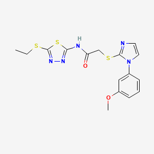 molecular formula C16H17N5O2S3 B2556792 N-(5-(乙硫基)-1,3,4-噻二唑-2-基)-2-((1-(3-甲氧基苯基)-1H-咪唑-2-基)硫代)乙酰胺 CAS No. 851132-29-1