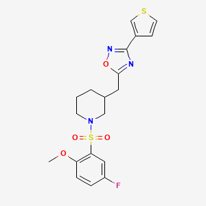 molecular formula C19H20FN3O4S2 B2556802 5-((1-((5-Fluoro-2-methoxyphenyl)sulfonyl)piperidin-3-yl)methyl)-3-(thiophen-3-yl)-1,2,4-oxadiazole CAS No. 1798516-65-0