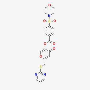 molecular formula C21H19N3O7S2 B2556846 4-oxo-6-((pyrimidin-2-ylthio)methyl)-4H-pyran-3-yl 4-(morpholinosulfonyl)benzoate CAS No. 877637-77-9