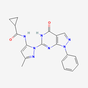 molecular formula C19H17N7O2 B2556887 N-(3-甲基-1-(4-氧代-1-苯基-4,5-二氢-1H-吡唑并[3,4-d]嘧啶-6-基)-1H-吡唑-5-基)环丙烷甲酰胺 CAS No. 1019097-32-5