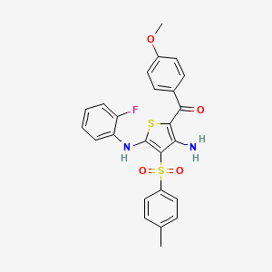 molecular formula C25H21FN2O4S2 B2556907 (3-Amino-5-((2-fluorophenyl)amino)-4-tosylthiophen-2-yl)(4-methoxyphenyl)methanone CAS No. 1115562-61-2