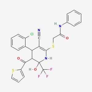 molecular formula C26H19ClF3N3O3S2 B2556909 2-((4-(2-chlorophenyl)-3-cyano-6-hydroxy-5-(thiophene-2-carbonyl)-6-(trifluoromethyl)-1,4,5,6-tetrahydropyridin-2-yl)thio)-N-phenylacetamide CAS No. 477523-81-2