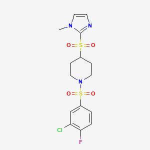 molecular formula C15H17ClFN3O4S2 B2556923 1-((3-chloro-4-fluorophenyl)sulfonyl)-4-((1-methyl-1H-imidazol-2-yl)sulfonyl)piperidine CAS No. 2034489-50-2