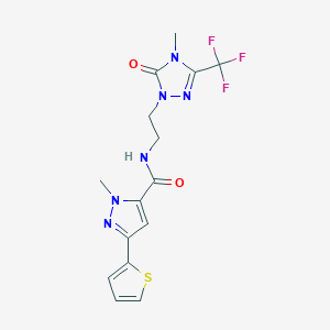 molecular formula C15H15F3N6O2S B2556976 1-methyl-N-(2-(4-methyl-5-oxo-3-(trifluoromethyl)-4,5-dihydro-1H-1,2,4-triazol-1-yl)ethyl)-3-(thiophen-2-yl)-1H-pyrazole-5-carboxamide CAS No. 1421482-11-2