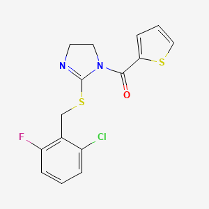 molecular formula C15H12ClFN2OS2 B2556980 [2-[(2-氯-6-氟苯基)甲硫基]-4,5-二氢咪唑-1-基]-噻吩-2-基甲硫酮 CAS No. 851803-08-2