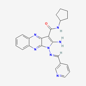 molecular formula C22H21N7O B2557018 2-氨基-N-环戊基-1-(吡啶-3-基亚甲基次氨基)吡咯并[3,2-b]喹喔啉-3-甲酰胺 CAS No. 587010-66-0