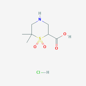 molecular formula C7H14ClNO4S B2557025 6,6-二甲基-1,1-二氧代-1,4-噻嗪烷-2-羧酸；盐酸盐 CAS No. 2416235-51-1