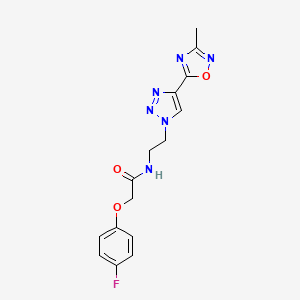 molecular formula C15H15FN6O3 B2557115 2-(4-fluorophenoxy)-N-(2-(4-(3-methyl-1,2,4-oxadiazol-5-yl)-1H-1,2,3-triazol-1-yl)ethyl)acetamide CAS No. 2034391-41-6