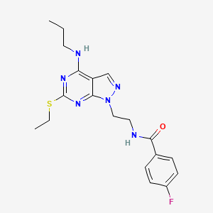 molecular formula C19H23FN6OS B2557129 N-(2-(6-(ethylthio)-4-(propylamino)-1H-pyrazolo[3,4-d]pyrimidin-1-yl)ethyl)-4-fluorobenzamide CAS No. 946211-26-3