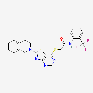 molecular formula C23H18F3N5OS2 B2557130 2-((2-(3,4-dihydroisoquinolin-2(1H)-yl)thiazolo[4,5-d]pyrimidin-7-yl)thio)-N-(2-(trifluoromethyl)phenyl)acetamide CAS No. 1358909-97-3