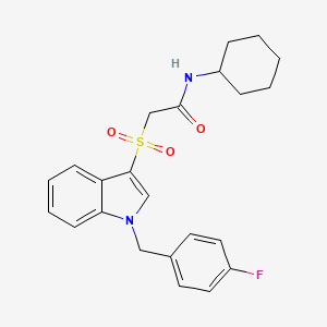 molecular formula C23H25FN2O3S B2557137 N-cyclohexyl-2-[1-[(4-fluorophenyl)methyl]indol-3-yl]sulfonylacetamide CAS No. 686744-11-6
