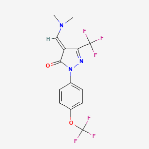 molecular formula C14H11F6N3O2 B2557259 (4E)-4-(dimethylaminomethylidene)-2-[4-(trifluoromethoxy)phenyl]-5-(trifluoromethyl)pyrazol-3-one CAS No. 338403-22-8