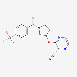 molecular formula C16H12F3N5O2 B2557280 3-((1-(6-(Trifluoromethyl)nicotinoyl)pyrrolidin-3-yl)oxy)pyrazine-2-carbonitrile CAS No. 2034450-28-5