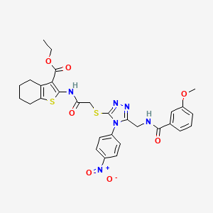 molecular formula C30H30N6O7S2 B2557281 Ethyl 2-[[2-[[5-[[(3-methoxybenzoyl)amino]methyl]-4-(4-nitrophenyl)-1,2,4-triazol-3-yl]sulfanyl]acetyl]amino]-4,5,6,7-tetrahydro-1-benzothiophene-3-carboxylate CAS No. 393807-26-6
