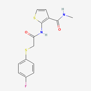 molecular formula C14H13FN2O2S2 B2557287 2-(2-((4-fluorophenyl)thio)acetamido)-N-methylthiophene-3-carboxamide CAS No. 896348-73-5