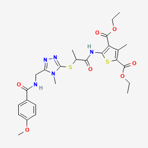 molecular formula C26H31N5O7S2 B2557296 diethyl 5-(2-((5-((4-methoxybenzamido)methyl)-4-methyl-4H-1,2,4-triazol-3-yl)thio)propanamido)-3-methylthiophene-2,4-dicarboxylate CAS No. 393814-59-0