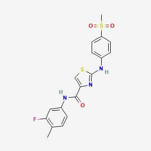 molecular formula C18H16FN3O3S2 B2557303 N-(3-fluoro-4-methylphenyl)-2-((4-(methylsulfonyl)phenyl)amino)thiazole-4-carboxamide CAS No. 1172746-83-6