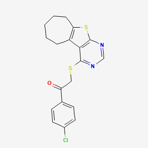 molecular formula C19H17ClN2OS2 B2557354 1-(4-chlorophenyl)-2-((6,7,8,9-tetrahydro-5H-cyclohepta[4,5]thieno[2,3-d]pyrimidin-4-yl)thio)ethanone CAS No. 690642-54-7