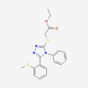 molecular formula C19H19N3O2S2 B2557356 ethyl 2-({5-[2-(methylsulfanyl)phenyl]-4-phenyl-4H-1,2,4-triazol-3-yl}sulfanyl)acetate CAS No. 339015-47-3