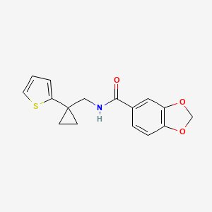 molecular formula C16H15NO3S B2557358 N-((1-(thiophen-2-yl)cyclopropyl)methyl)benzo[d][1,3]dioxole-5-carboxamide CAS No. 1203246-75-6