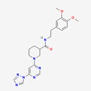 molecular formula C22H27N7O3 B2557436 1-(6-(1H-1,2,4-triazol-1-yl)pyrimidin-4-yl)-N-(3,4-dimethoxyphenethyl)piperidine-3-carboxamide CAS No. 1797728-77-8