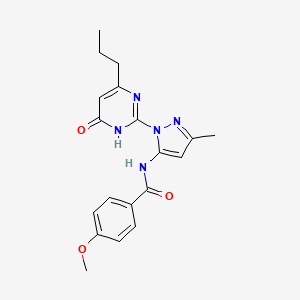 molecular formula C19H21N5O3 B2557449 4-methoxy-N-(3-methyl-1-(6-oxo-4-propyl-1,6-dihydropyrimidin-2-yl)-1H-pyrazol-5-yl)benzamide CAS No. 1004254-20-9