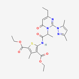 molecular formula C25H31N5O6S B2557478 diethyl 5-(2-(2-(3,5-dimethyl-1H-pyrazol-1-yl)-4-ethyl-6-oxopyrimidin-1(6H)-yl)propanamido)-3-methylthiophene-2,4-dicarboxylate CAS No. 1104906-21-9