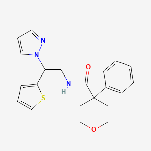 molecular formula C21H23N3O2S B2557503 N-(2-(1H-pyrazol-1-yl)-2-(thiophen-2-yl)ethyl)-4-phenyltetrahydro-2H-pyran-4-carboxamide CAS No. 2034599-39-6