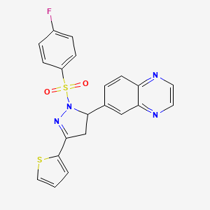 molecular formula C21H15FN4O2S2 B2557511 6-[1-(4-fluorobenzenesulfonyl)-3-(thiophen-2-yl)-4,5-dihydro-1H-pyrazol-5-yl]quinoxaline CAS No. 1018048-44-6