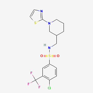 molecular formula C16H17ClF3N3O2S2 B2557556 4-chloro-N-((1-(thiazol-2-yl)piperidin-3-yl)methyl)-3-(trifluoromethyl)benzenesulfonamide CAS No. 1706286-40-9