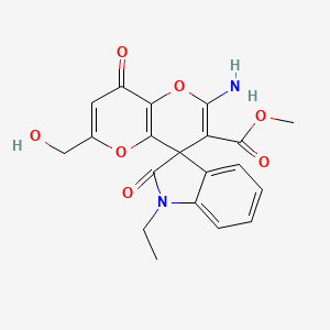 molecular formula C20H18N2O7 B2557576 2'-氨基-1-乙基-6'-(羟甲基)-2,8'-二氧代-8'H-螺[吲哚啉-3,4'-吡喃并[3,2-b]吡喃]-3'-羧酸甲酯 CAS No. 884214-48-6