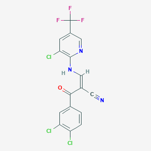 molecular formula C16H7Cl3F3N3O B2557588 2-((3,4-Dichlorophenyl)carbonyl)-3-((3-chloro-5-(trifluoromethyl)(2-pyridyl))amino)prop-2-enenitrile CAS No. 1025666-48-1