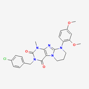 molecular formula C24H24ClN5O4 B2557611 3-[(4-chlorophenyl)methyl]-9-(2,4-dimethoxyphenyl)-1-methyl-7,8-dihydro-6H-purino[7,8-a]pyrimidine-2,4-dione CAS No. 877617-01-1