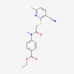 molecular formula C18H17N3O3S B2557642 Ethyl 4-[2-(3-cyano-6-methyl-2-pyridylthio)acetylamino]benzoate CAS No. 883265-63-2