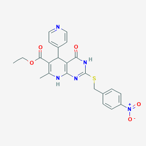 molecular formula C23H21N5O5S B2557645 Ethyl 7-methyl-2-((4-nitrobenzyl)thio)-4-oxo-5-(pyridin-4-yl)-3,4,5,8-tetrahydropyrido[2,3-d]pyrimidine-6-carboxylate CAS No. 537663-63-1