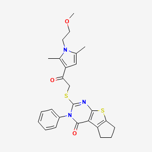 molecular formula C26H27N3O3S2 B2557685 2-((2-(1-(2-甲氧基乙基)-2,5-二甲基-1H-吡咯-3-基)-2-氧代乙基)硫代)-3-苯基-6,7-二氢-3H-环戊[4,5]噻吩并[2,3-d]嘧啶-4(5H)-酮 CAS No. 690642-73-0