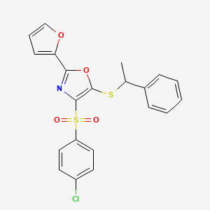 molecular formula C21H16ClNO4S2 B2557693 4-((4-氯苯基)磺酰基)-2-(呋喃-2-基)-5-((1-苯乙基)硫代)恶唑 CAS No. 686738-07-8