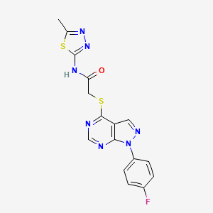 molecular formula C16H12FN7OS2 B2557747 2-[1-(4-氟苯基)吡唑并[3,4-d]嘧啶-4-基]硫醚-N-(5-甲基-1,3,4-噻二唑-2-基)乙酰胺 CAS No. 893910-49-1