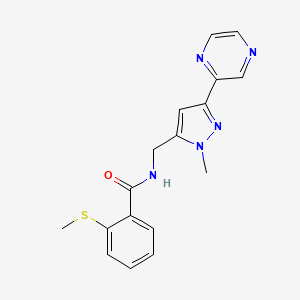 molecular formula C17H17N5OS B2557772 N-((1-methyl-3-(pyrazin-2-yl)-1H-pyrazol-5-yl)methyl)-2-(methylthio)benzamide CAS No. 2034373-31-2