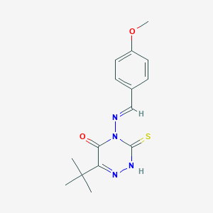 molecular formula C15H18N4O2S B2557794 (E)-6-(叔丁基)-3-巯基-4-((4-甲氧基亚苄基)氨基)-1,2,4-三嗪-5(4H)-酮 CAS No. 398997-64-3