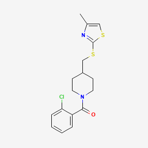 molecular formula C17H19ClN2OS2 B2557816 (2-Chlorophenyl)(4-(((4-methylthiazol-2-yl)thio)methyl)piperidin-1-yl)methanone CAS No. 1421476-35-8